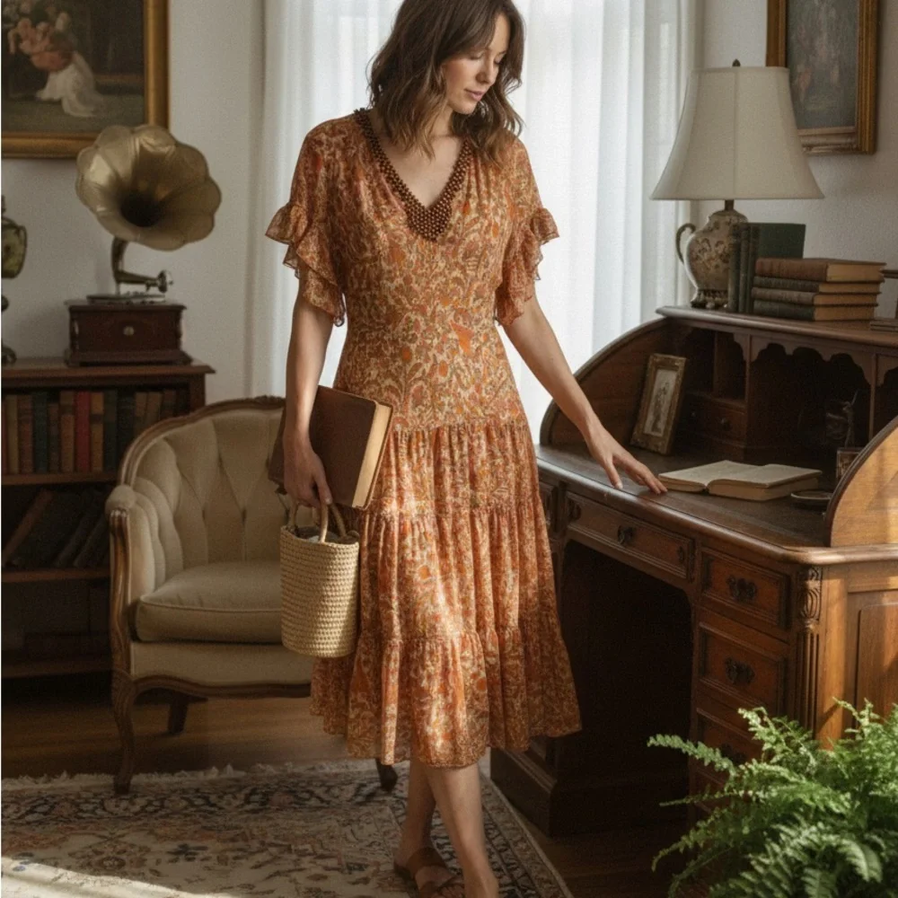 Adrianna Papell Orange and Brown Midi Dress vintage Size 6 100% Silk & poliéster - Picture 1 of 16